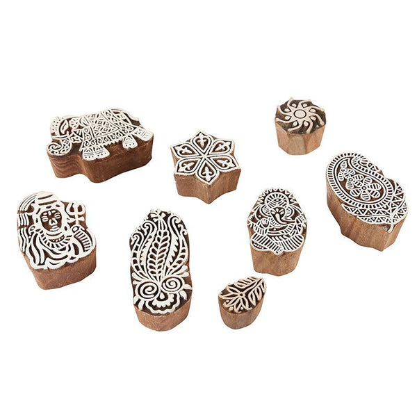 Mughal Pattern Hand Carved Wooden Printing Stamp Blocks Created by Traditional Artisans (CEN-WB-001) - Set of 8