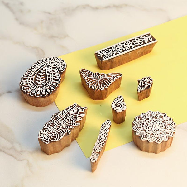 Mughal Pattern Hand Carved Wooden Printing Stamp Blocks Created by Traditional Artisans - CEN-WB-003 (Set of 8)