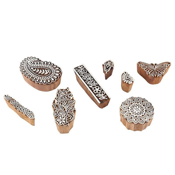Mughal Pattern Hand Carved Wooden Printing Stamp Blocks Created by Traditional Artisans - CEN-WB-003 (Set of 8)