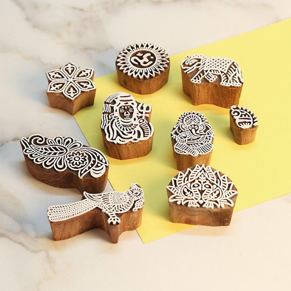 Mughal Pattern Hand Carved Wooden Printing Stamp Blocks Created by Traditional Artisans - CEN-WB-005 (Set of 8)