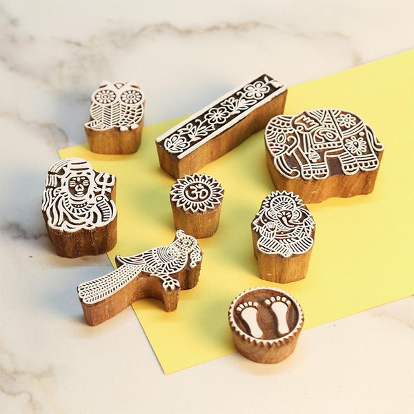 Mughal Pattern Hand Carved Wooden Printing Stamp Blocks Created by Traditional Artisans - CEN-WB-008 (Set of 8)