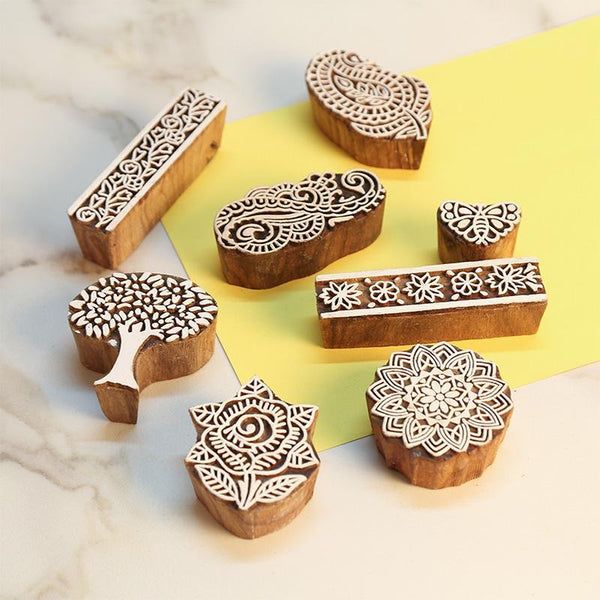 Mughal Pattern Hand Carved Wooden Printing Stamp Blocks Created by Traditional Artisans - CEN-WB-009(Set of 8)
