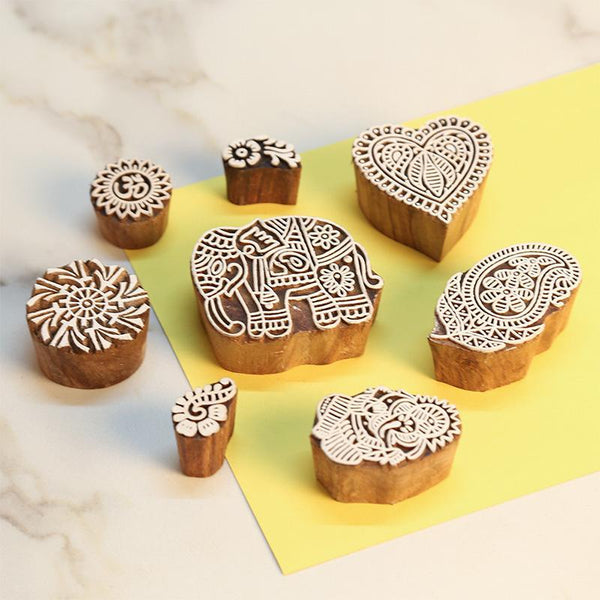 Mughal Pattern Hand Carved Wooden Printing Stamp Blocks Created by Traditional Artisans - CEN-WB-010 (Set of 8)