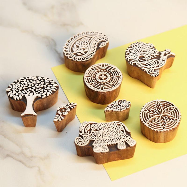 Mughal Pattern Hand Carved Wooden Printing Stamp Blocks Created by Traditional Artisans - CEN-WB-012(Set of 8)