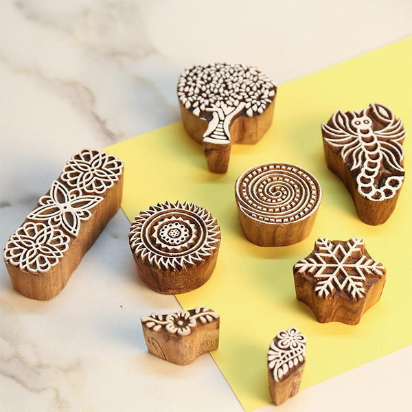 Mughal Pattern Hand Carved Wooden Printing Stamp Blocks Created by Traditional Artisans - CEN-WB-014(Set of 8)