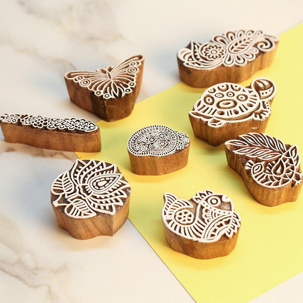 Mughal Pattern Hand Carved Wooden Printing Stamp Blocks Created by Traditional Artisans - CEN-WB-015 (Set of 8)