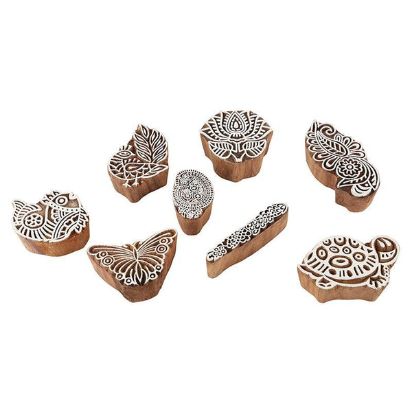 Mughal Pattern Hand Carved Wooden Printing Stamp Blocks Created by Traditional Artisans - CEN-WB-015 (Set of 8)