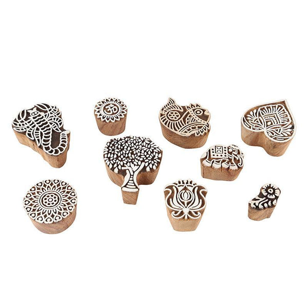 Mughal Pattern Hand Carved Wooden Printing Stamp Blocks Created by Traditional Artisans - CEN-WB-004 (Set of 9)