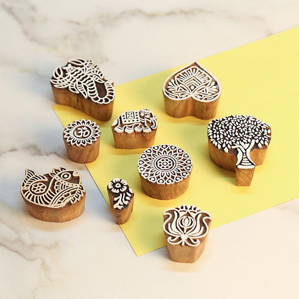 Mughal Pattern Hand Carved Wooden Printing Stamp Blocks Created by Traditional Artisans - CEN-WB-004 (Set of 9)