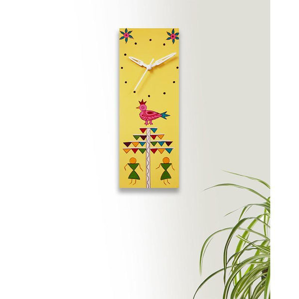 Hand Painted Warli Wall Clock Created by Traditional Artisans - Yellow