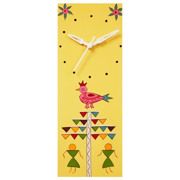 Hand Painted Warli Wall Clock Created by Traditional Artisans - Yellow