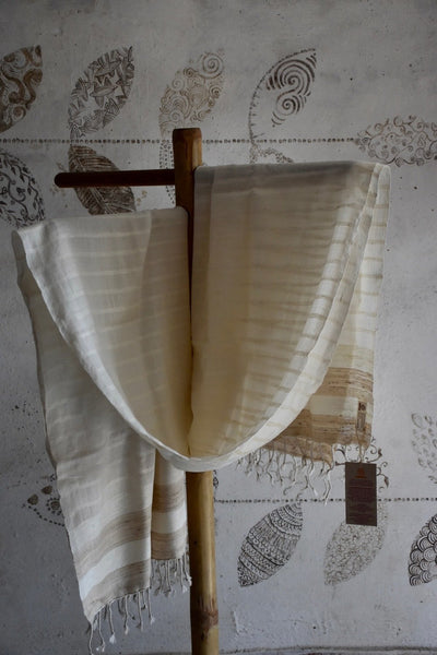 Handwoven, Naturally Dyed Silk and Wool Shawl - Cream with Gold Stripes