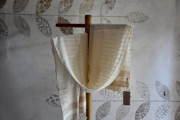 Handwoven, Naturally Dyed Silk and Wool Shawl - Cream with Gold Stripes