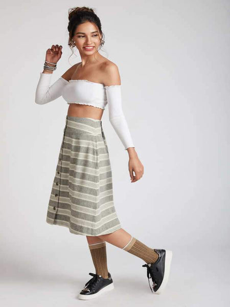 Women's Natural Hemp Skater Skirt - Grey Stripes