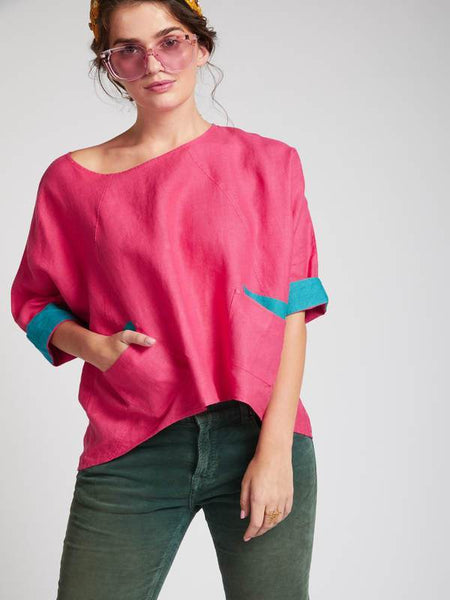 Women's Natural Hemp Kimono Top - Hot Pink