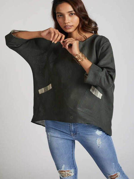 Women's Natural Hemp Kimono Top - Bottle Green