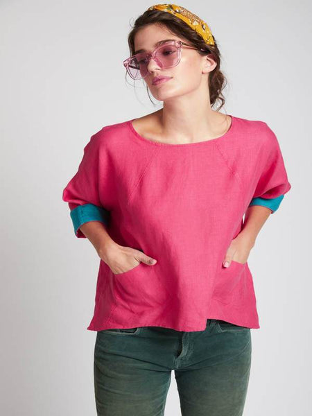 Women's Natural Hemp Kimono Top - Hot Pink