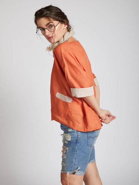 Women's Natural Hemp Kimono Top - Orange