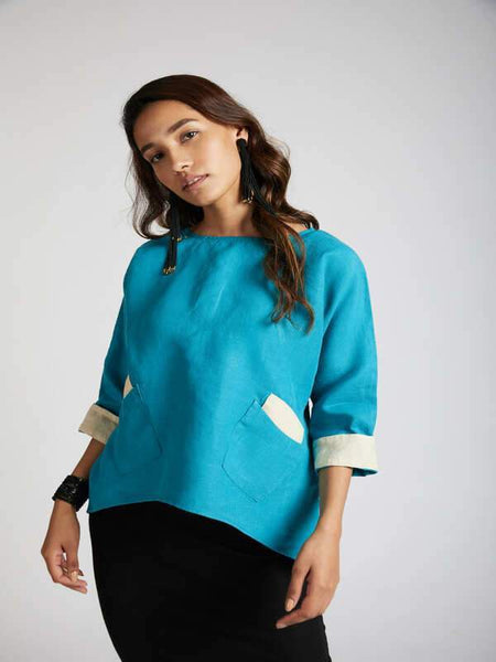Women's Natural Hemp Kimono Top - Teal