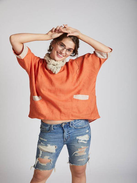 Women's Natural Hemp Kimono Top - Orange