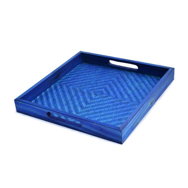 Handcrafted Square Trays Made of Woven Bamboo - Blue (Set of 2)