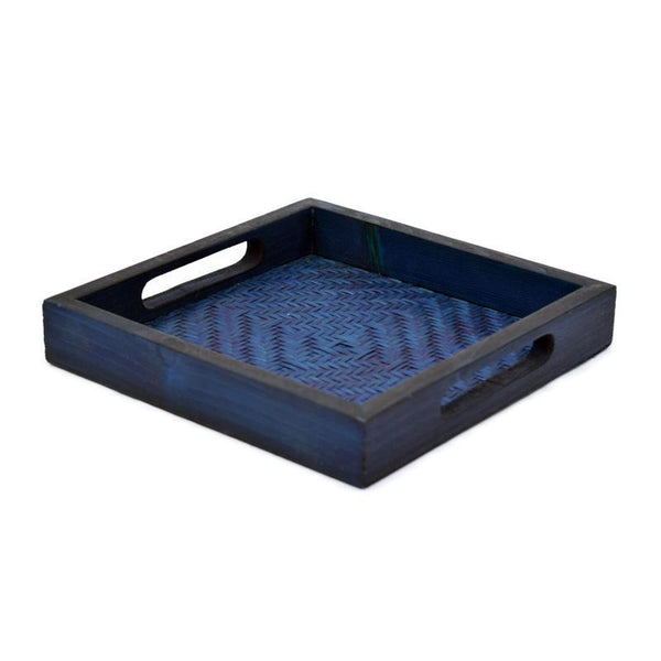 Handcrafted Square Trays Made of Woven Bamboo - Blue (Set of 2)