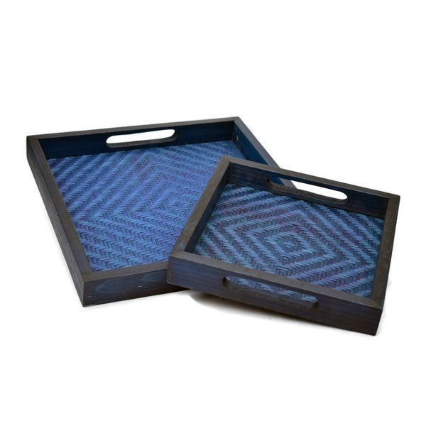 Handcrafted Square Trays Made of Woven Bamboo - Blue (Set of 2)
