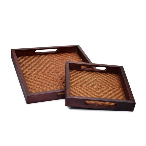 Handcrafted Square Tray Made of Woven Bamboo - Brown (Set of 2)