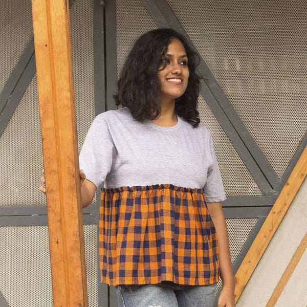 Orange Checkered Women's Pep Tee (Fair Trade, Low  wastage )