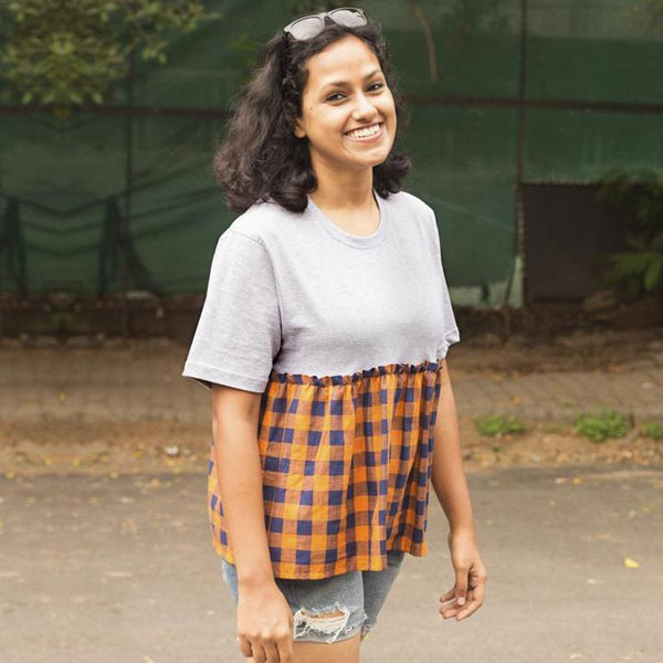 Orange Checkered Women's Pep Tee (Fair Trade, Low  wastage )