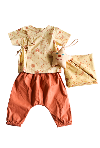 Four piece Dhruvtara Print Baby Gift Set with Swaddle and Crib Toy - Natural Dyed Organic Cotton