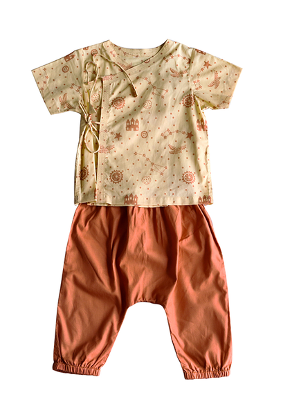 Baby Dhruvtara Print Angarakha Top with Orange Pyjamas - Natural Dyed Organic Cotton