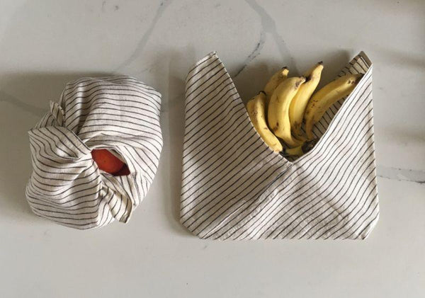 Tanuka Bento Snack Bag - Set of 2 in Organic Kala Cotton (White with Black Stripes)
