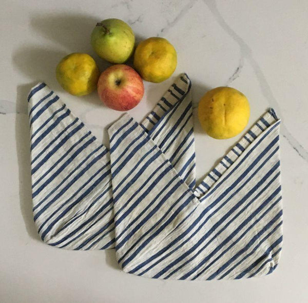 Tanuka Bento Snack Bag - Set of 2 in Organic Kala Cotton (White with Blue Stripes)