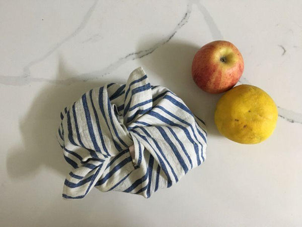 Tanuka Bento Snack Bag - Set of 2 in Organic Kala Cotton (White with Blue Stripes)