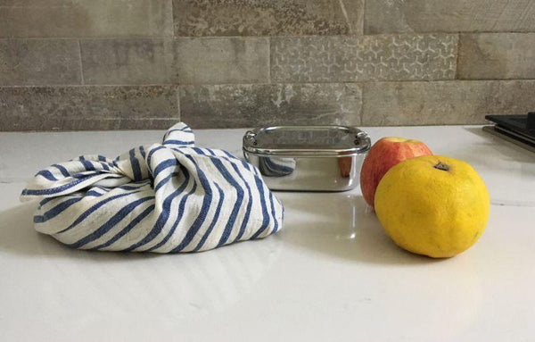 Tanuka Bento Snack Bag - Set of 2 in Organic Kala Cotton (White with Blue Stripes)