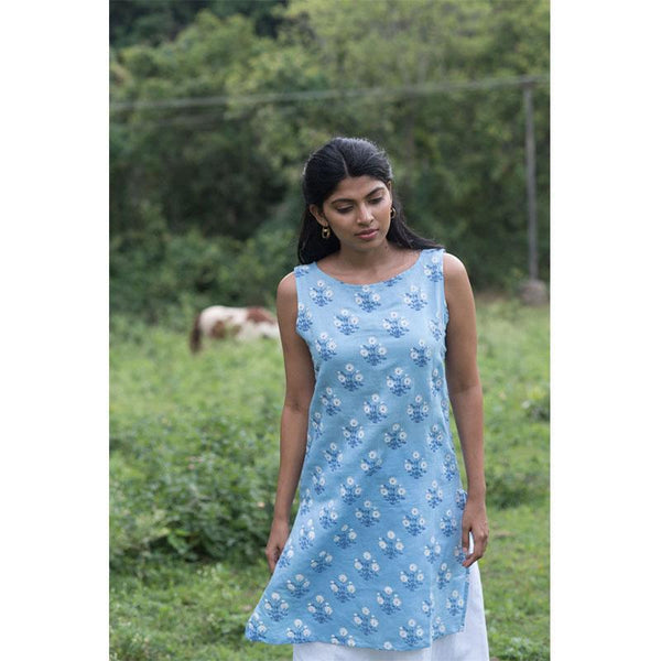 Handwoven Cotton Floral Print Women's Kurta- Light Blue