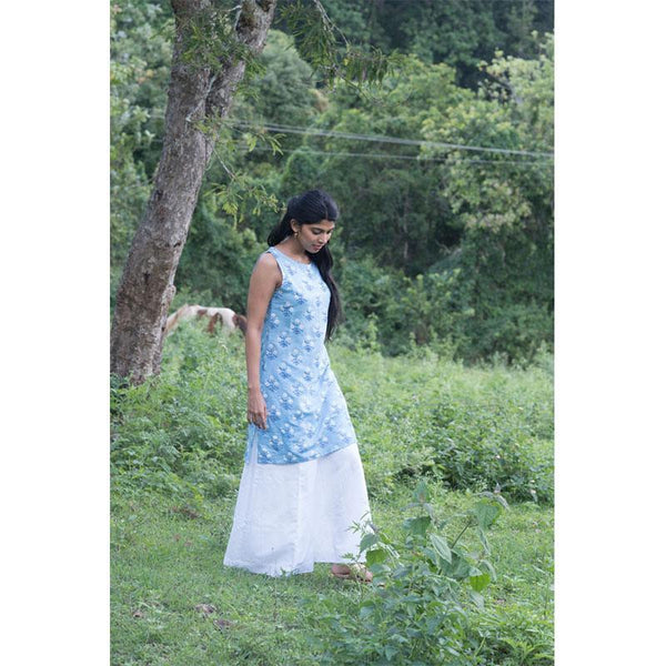 Handwoven Cotton Floral Print Women's Kurta- Light Blue