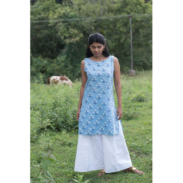 Handwoven Cotton Floral Print Women's Kurta- Light Blue