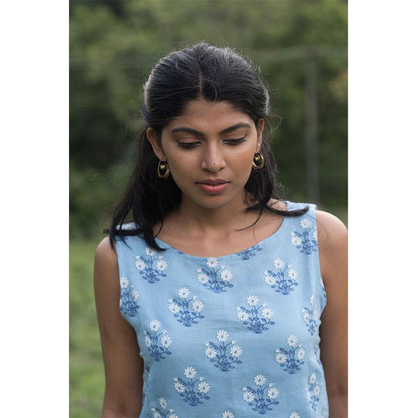 Handwoven Cotton Floral Print Women's Kurta- Light Blue