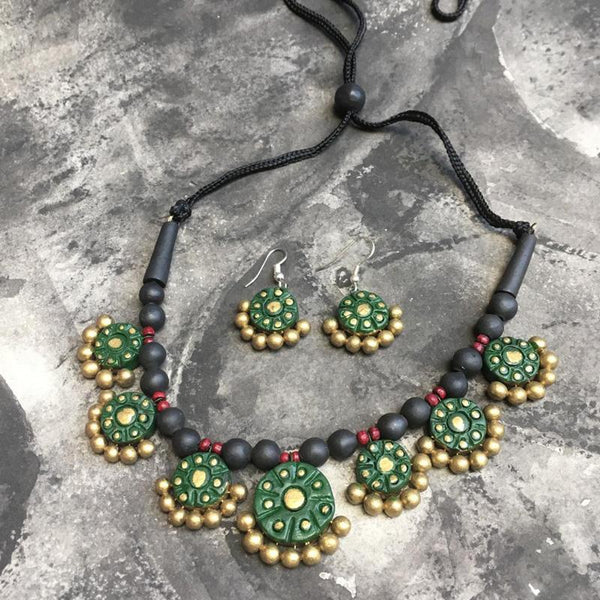Terracotta Jewellery Set Handmade by Women Artisans - Green and Gold