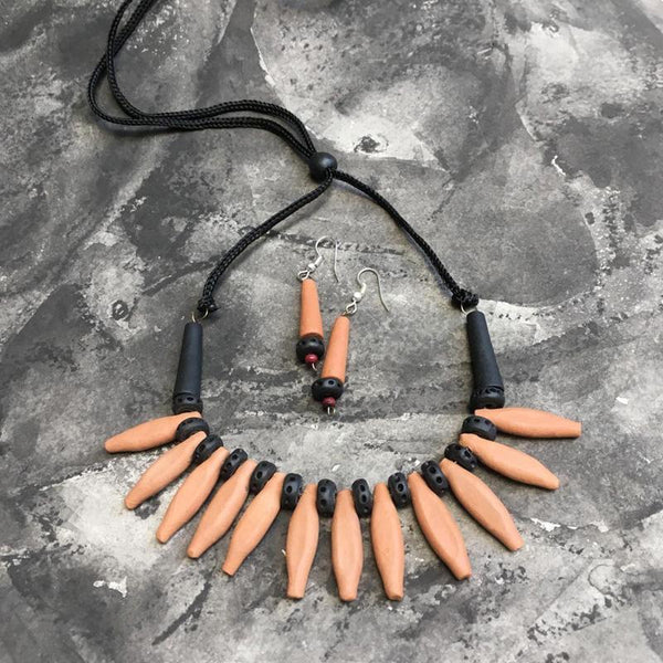 Terracotta Jewellery Set Handmade by Women Artisans - Orange Leaf Design
