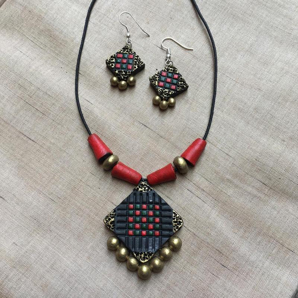 Terracotta Jewellery Set Handmade by Women Artisans - Red, Black & Gold Square Design