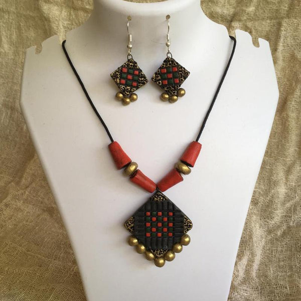 Terracotta Jewellery Set Handmade by Women Artisans - Red, Black & Gold Square Design