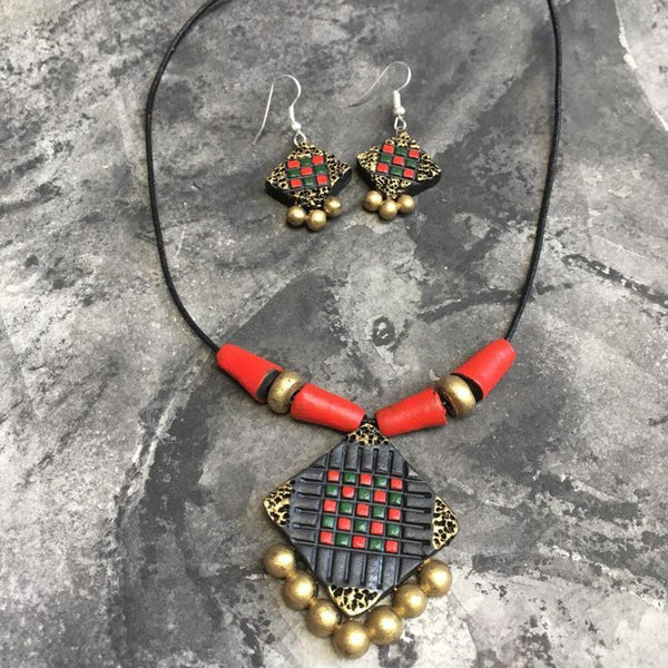 Terracotta Jewellery Set Handmade by Women Artisans - Red, Black & Gold Square Design