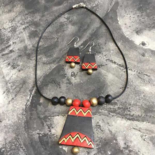 Terracotta Jewellery Set Handmade by Women Artisans - Bell Shaped Pendant
