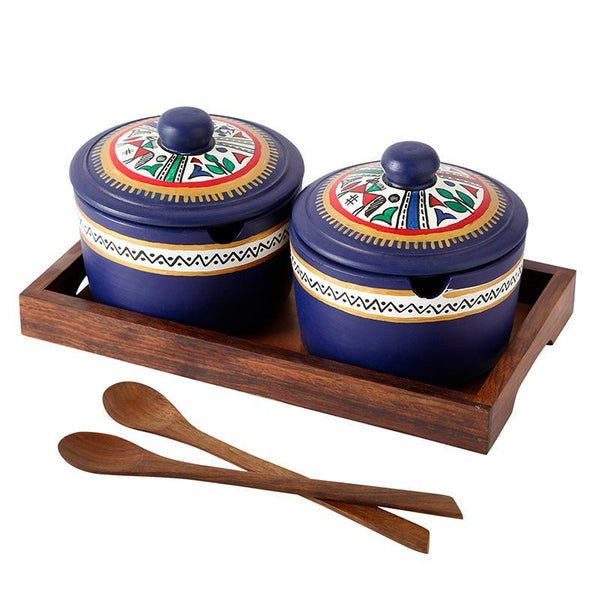 Terracotta Pickle Jar Set with Sheesham Tray and Spoon (Blue) created by Traditional Artisans