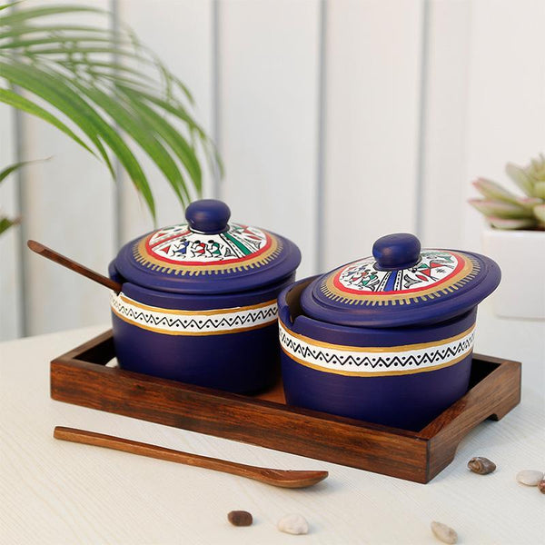 Terracotta Pickle Jar Set with Sheesham Tray and Spoon (Blue) created by Traditional Artisans