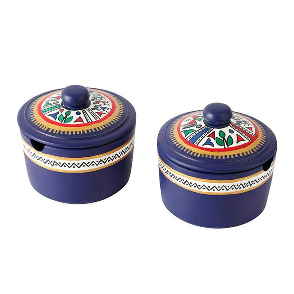 Terracotta Pickle Jar Set with Sheesham Tray and Spoon (Blue) created by Traditional Artisans