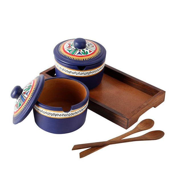 Terracotta Pickle Jar Set with Sheesham Tray and Spoon (Blue) created by Traditional Artisans